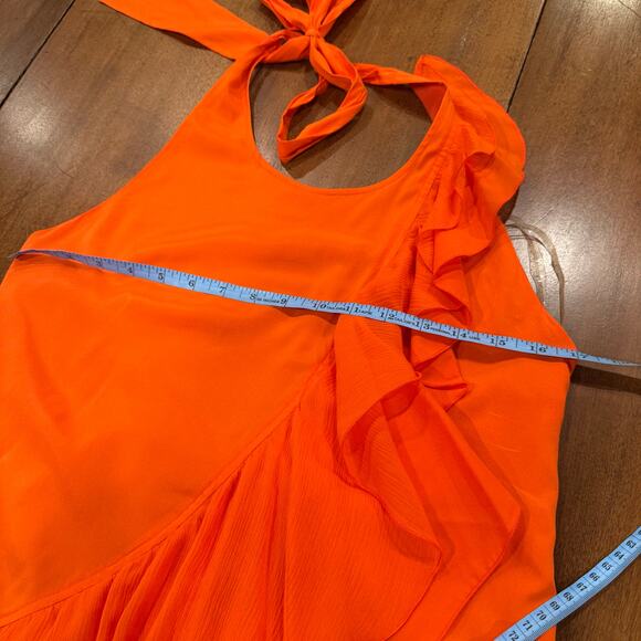 Alice + Olivia Silk Halter Backless Mini Dress Asymmetrical Ruffle Orange Sz Med - Picture 9 of 13